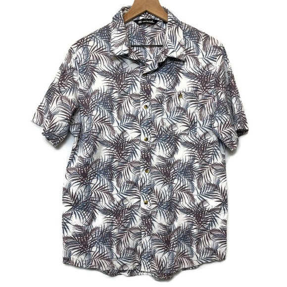 TRAVIS MATHEW White Brown Blue Tropical Print Short Sleeve Button Up Shirt Med - Picture 1 of 9